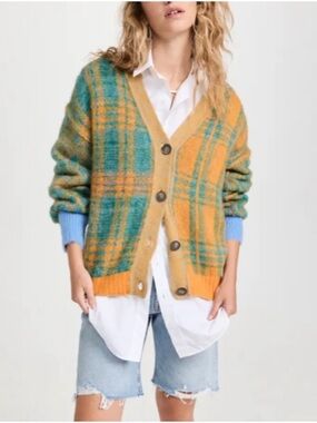 Free People Sepia Plaid Cardigan in Marigold Sky Combo Sz XS OVERSIZED FuzzyWool